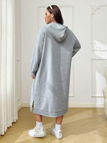 SHEIN EZwear Plus Size Women Gray Long Hooded Sweatshirt Dress With Pockets, Warm Autumn Winter Fall - Grey - View 2
