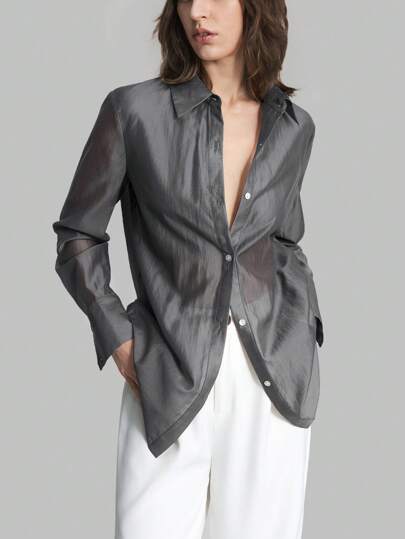 Ontre 2026春夏新款女士灰色纯色长袖休闲宽松基础款衬衫，适合通勤、休闲、商务、度假、海滩、生日派对、教师制服、办公穿着