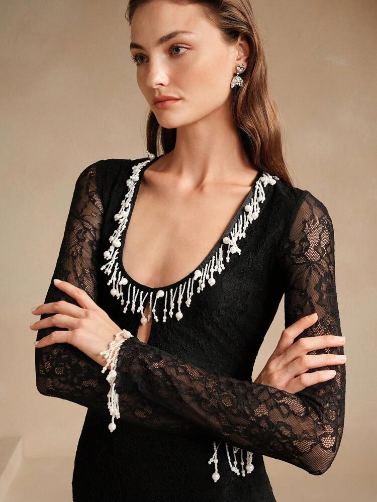 European & American Style Sexy Deep V-Neck Hollow-Out Lace Patchwork Bodycon Midi Dress