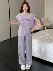 DAZY 2 件套简约字母印花无袖上衣和条纹睡裤家居服套装 - 紫色 - 查看 5