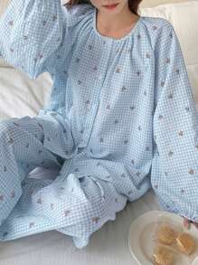 DAZY 全印花长袖休闲睡衣套装（含圆领衬衫和裤子） - 藍色 - 查看 7