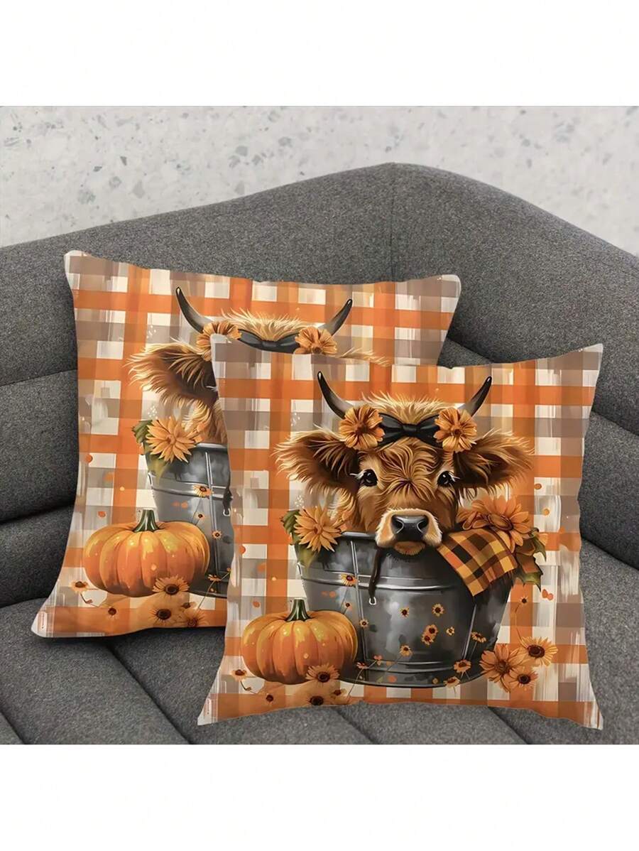 2 件高地牛南瓜毛绒抱枕套 18x18 英寸拉链单面印花适用于沙发和卧室装饰可机洗 - 彩色 - 查看 1