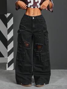 SHEIN PETITE Women's Casual Loose Fit Multiple Pockets Distressed Wide Leg Jeans - Black - View 6
