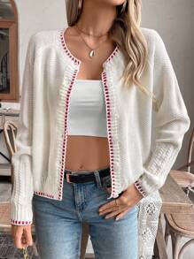 SHEIN LUNE Retro Chic Color Block Trim Loose Knit Cardigan, European & American Style - White - View 4