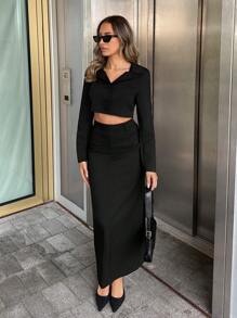 Chiquease Solid Button Front Long Sleeve Crop Blouse & Skirt - Black - View 5