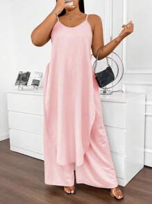 Flirla Plus Size Solid Color Spaghetti Strap Minimalist Top And Pants 2-Piece Set - Pink - View 4