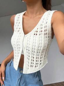 Lyxana Women's Solid Color Hollow-Out Casual Cardigan Sweater Top - White - View 7