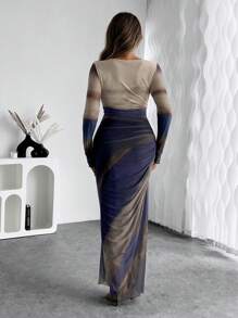 Chiquease Women Ombre Print Crew Neck Long Sleeve Dress Maxi Women Outfit