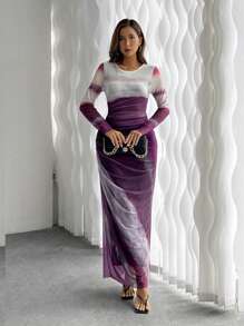 SHEIN Unity Đầm Maxi Tay Dài In Xếp Ly Cổ Tròn Cho Nữ Trang Phục Nữ - Màu tím - Xem 6