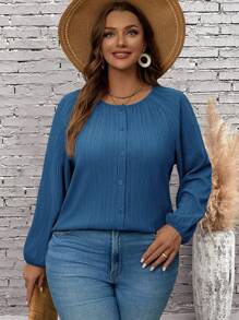 EMERY ROSE Áo cánh tay dài cổ tròn màu trơn cỡ lớn cho nữ - Màu xanh lam - Xem 4