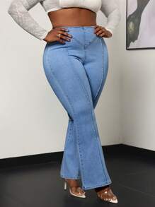 SHEIN SXY Plus Size Women's Solid Color Simple Everyday Jeans - Light Wash - View 4