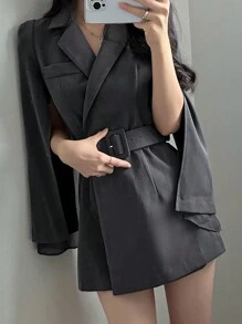 DAZY Vestido con mangas con detalle de cinturón para mujer, diseño casual para primavera, verano, otoño, color gris
