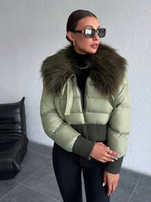 EURMUSE 人造毛皮连帽衫 拉链宽松时尚加垫冬季外套 - 綠色 - 查看 6