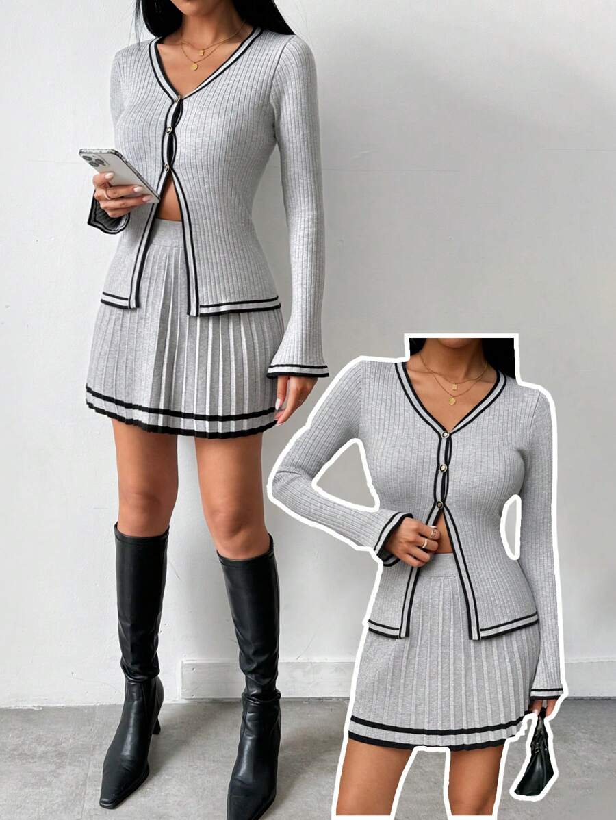 SHEIN LUNE 2pcs Women's V-Neck Contrast Trim Blouse And Striped Pleated Skirt Sweater Set Fall Winter Cloth For Women - Multicolor - View 1