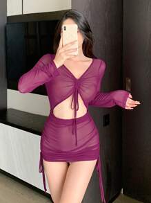 DAZY Sheer Mesh Ruched Front Cutout Sexy Nightgown - Purple - View 6