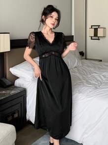 DAZY Lace Patchwork Satin Waist Nightgown Pajama - Black - View 5