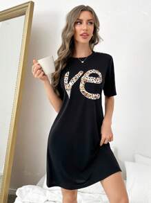 Đầm ngủ đơn giản, ngắn tay, cổ tròn, họa tiết da báo cho nữ - Nhiều màu - Xem 1