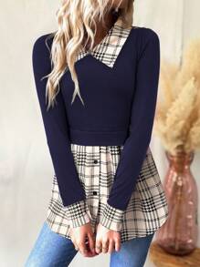 SHEIN Clasi Women's Solid Color Plaid Patchwork Long Sleeve T-Shirt - Navy Blue - View 3