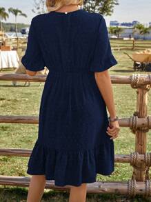 EMERY ROSE Women Plain Simple Round Neck Short Sleeve Casual Dress - Navy Blue - View 2