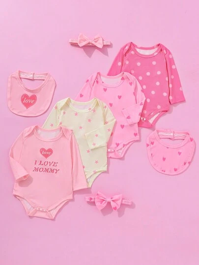 SHEIN 8pcs Baby/Toddler Girl Casual Cute Printed Jumpsuit/Romper Outfit Gift Set For Fall/Winter