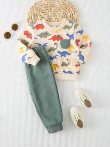 Cozy Pixies 男婴 2 件套卡通恐龙针织柔软圆领运动衫和慢跑裤套装 - 綠色 - 查看 9