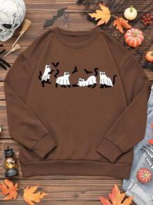 SHEIN LUNE 万圣节幽灵蝙蝠印花圆领女式运动衫 - 咖啡棕 - 查看 1