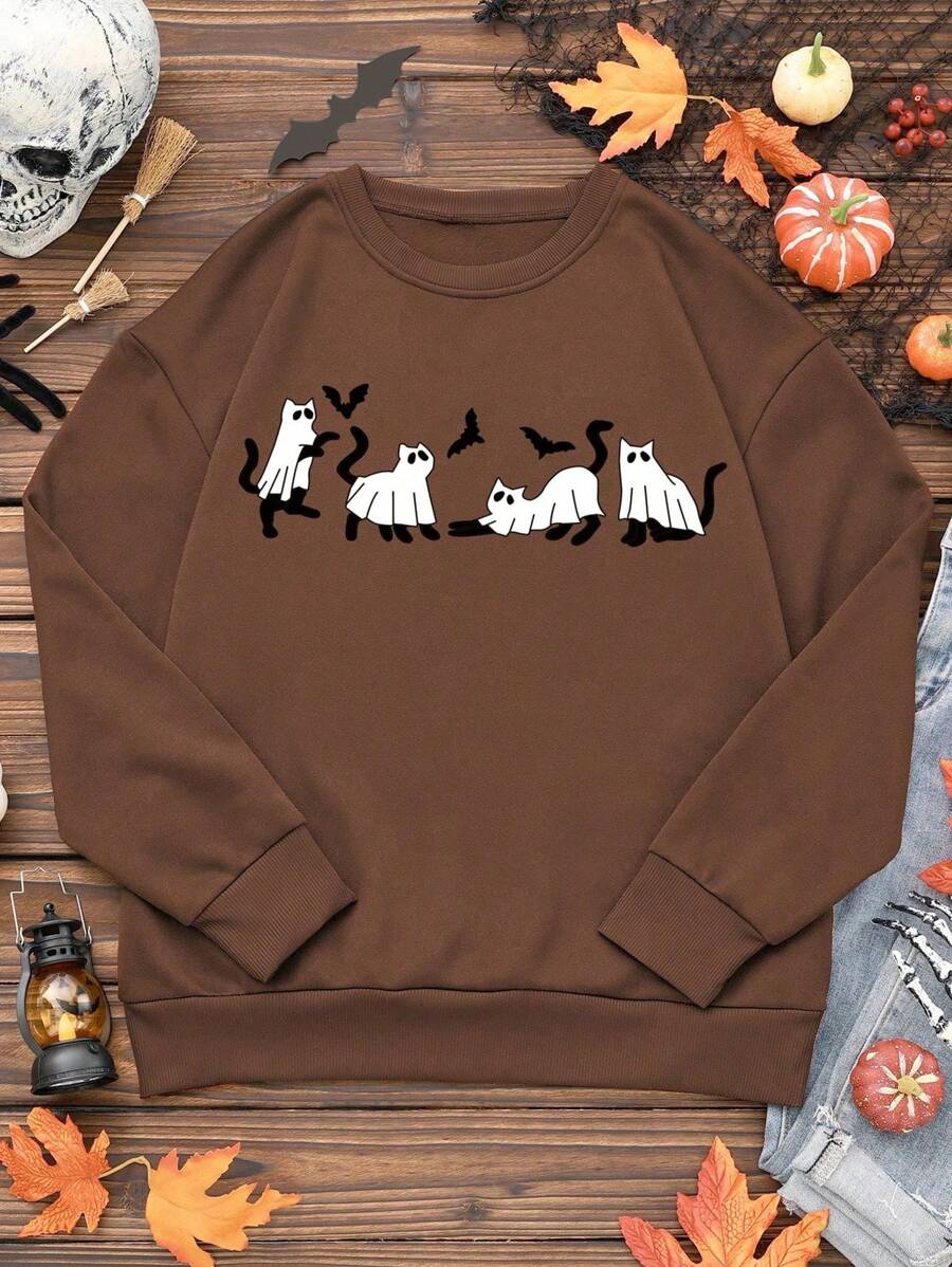SHEIN LUNE 万圣节幽灵蝙蝠印花圆领女式运动衫 - 咖啡棕 - 查看 1