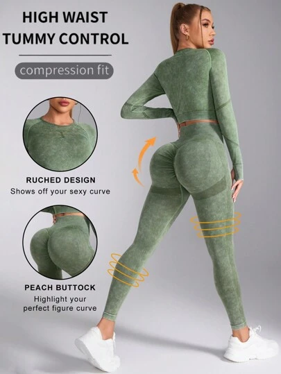 Exploreva 女士扎染圆领插肩袖上衣和紧身裤休闲运动套装