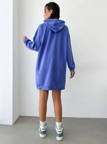 EURMUSE Letter Graphic Kangaroo Pocket Drop Shoulder Drawstring Hoodie Dress - Blue - View 2