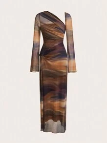 SHEIN Essnce 2024 秋季新款渐变网眼喇叭袖连衣裙，露肩领口，适合派对、鸡尾酒会或约会之夜，秋季女装时尚，棕色女士长裙，秋季连衣裙，女士连衣裙，舞会礼服，女士长袖，文艺复兴时期连衣裙， - 彩色 - 查看 1