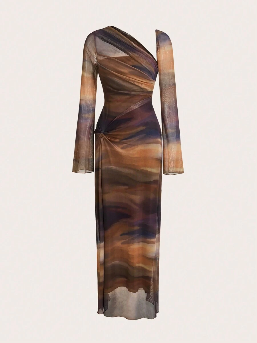 SHEIN Essnce 2024 秋季新款渐变网眼喇叭袖连衣裙，露肩领口，适合派对、鸡尾酒会或约会之夜，秋季女装时尚，棕色女士长裙，秋季连衣裙，女士连衣裙，舞会礼服，女士长袖，文艺复兴时期连衣裙， - 彩色 - 查看 1