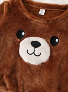 SHEIN 小男孩 2 件套可爱卡通刺绣长袖法兰绒睡衣套装，秋冬季 - 棕色 - 查看 6