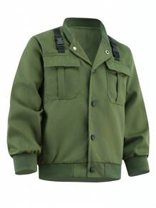 SHEIN Tween 男童纯色简约休闲长袖夹克、儿童飞行员夹克 - 軍綠色 - 查看 2