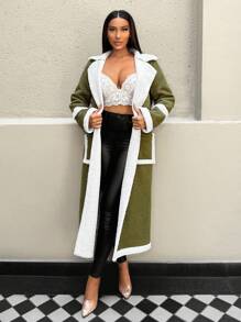 Zolique Abrigo verde de una sola pieza con piel para mujer - Verde militar - Ver 4