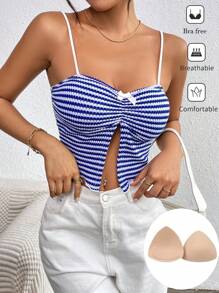 SHEIN Essnce Regata Feminina Casual dos Anos 90 com Enchimento no Busto, Respirável - Azul e Branco - Visão 8