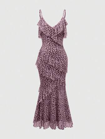 Grunge Punk Vestido camisero sexy con volantes con estampado de leopardo de subcultura para mujeres