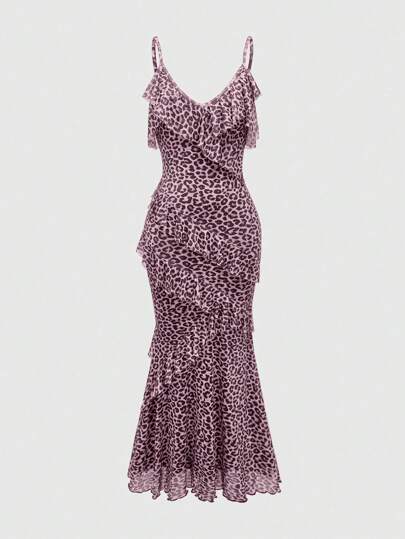 Grunge Punk Subculture Leopard Print  Sexy Ruffled Slip Dress For Women