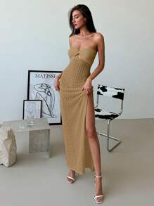 Aloruh 女士钩针优雅无袖露背镂空收腰修身度假和约会晚礼服 - 卡其色 - 查看 1