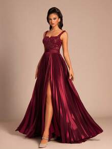 优雅的勃艮第褶皱长礼服，正式高开叉晚礼服，长裙，女士正式礼服，派对礼服，婚礼宾客礼服 - 酒紅色 - 查看 4