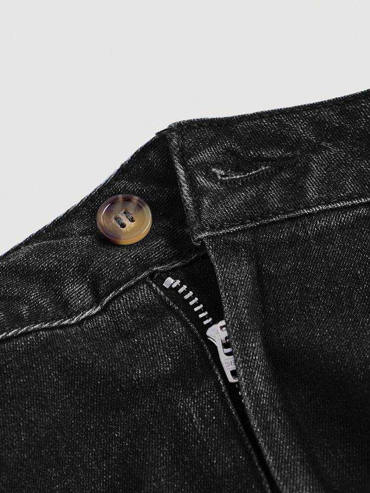 SHEIN MOD Saia Denim Casual com Cordão de Cor Sólida Feminina - Preto - Visão 4