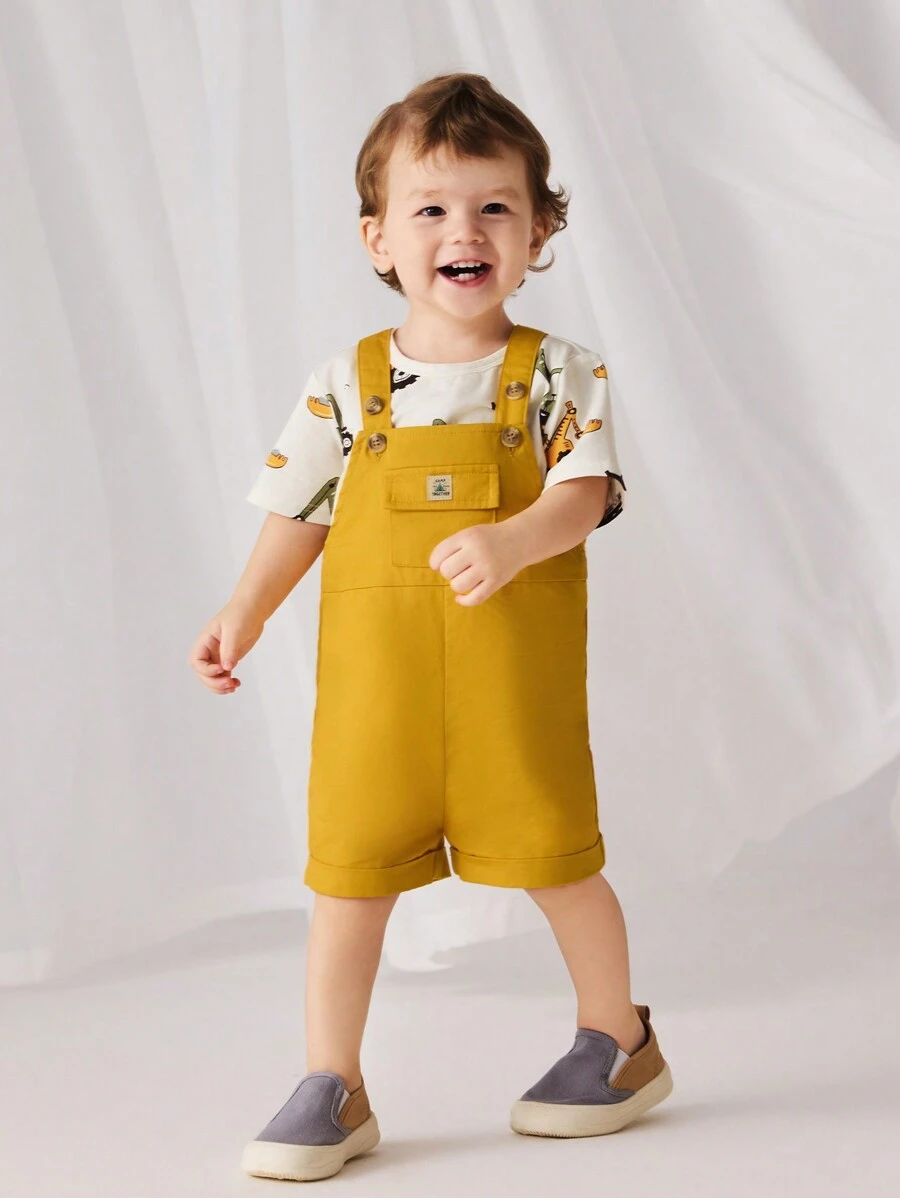 Cozy Pixies 2pcs Baby Boy Soft Plant Floral Print Knit Short Sleeve Top And Overalls Shorts Set - Yellow - View 1