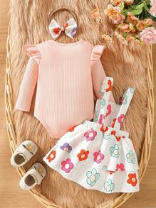 SHEIN 2pcs Baby Girl Ribbed Solid Color Romper & Floral All Over Print Pinafore Dress Set