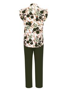 Xyvia 2pcs Women Summer Casual Floral Print Ruffled Sleeve Blouse And Solid Color Pants Set