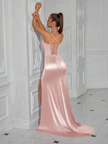 ADYCE Spaghetti Strap Fish Bone Detail Front Slit Open Back Tie Ballroom Party Evening Dress - Pink - View 7