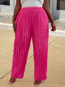 Maweii Pantalones de punto de cintura elástica de unicolor con flecos para tallas grandes - Rosa Fucsia - Ver 4