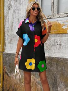 SHEIN LUNE 休闲白色前开多巴胺花卉印花短袖衬衫裙，女款 - 黑色 - 查看 4