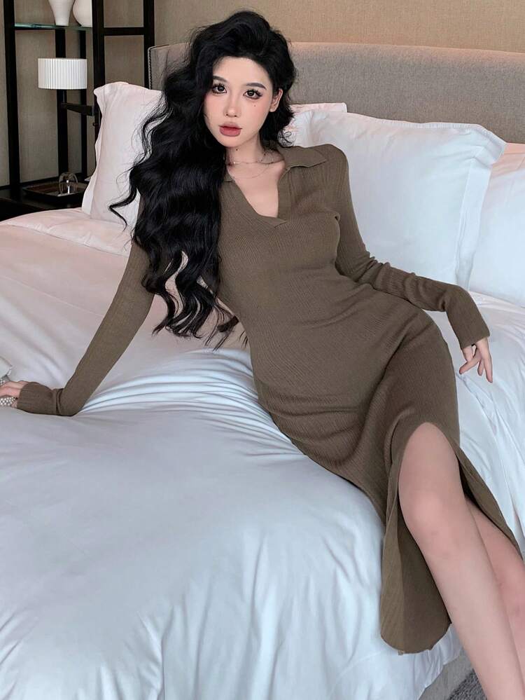 Women's Solid Color Turndown Collar Long Sleeve Split Hem Casual Fitted Sweater Dress Prom Dress
