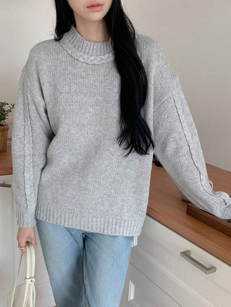 Women's Solid Color Loose Fit Crew Neck Long Sleeve Cable Knit Sweater,Fall Women Clothes