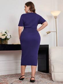 Modelyn 大码女式纯色腰部收紧短袖毛衣连衣裙 - 寶藍色 - 查看 5