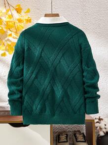 Tween Boy Casual Green Textured Crew Neck Knit Sweater, Suitable For Winter School & Travel